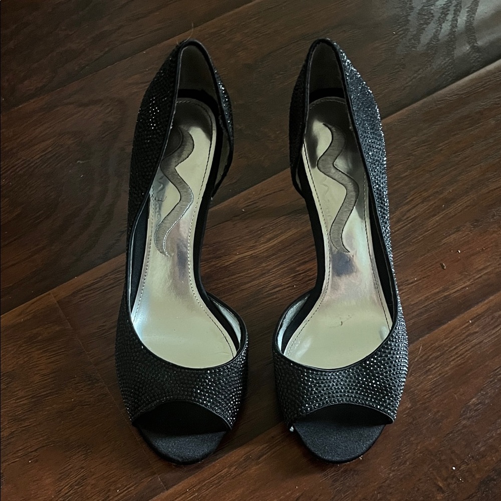 Nina Black Sparkling Peep-Toe Heels